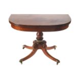 REGENCY PERIOD MAHOGANY AND EBONY STRING INLAID TEA TABLE, CIRCA 1810 the D-shaped top opening to