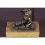 NINETEENTH-CENTURY FRENCH BRONZE FIGURE of cherub mounted on a Sienna marble base 12 cm. wide; 11