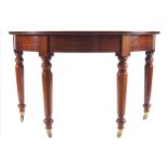 PAIR OF REGENCY PERIOD MAHOGANY SIDE TABLES each with a reeded edge demi-lune shape top, above a