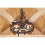 PAIR OF FIVE BRANCH WROUGHT-IRON CHANDELIERS 60 cm. diameter; 73 cm. high (2)