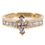 18 CT. YELLOW GOLD MOUNTED RING set with marquise cut diamond weighing .52 ct. having four