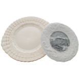 IST PERIOD BELLEEK PLATTER together with a 2nd Period Belleek pictorial platter