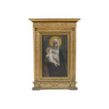 NINETEENTH-CENTURY GILT FRAMED ICON depicting the Madonna and child Watercolour and chalk 38 x 23