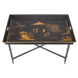 PAIR OF LACQUERED TOLEWARE END TABLES each with a Chinoiserie decorated rectangular tray top, raised