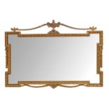 EDWARDIAN ADAM STYLE GILT FRAMED OVER MANTLE MIRROR the rectangular plate with protruding square