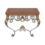 PAIR OF DESIGNER STEEL AND BRASS CONSOLE TABLES each with a tooled leather top, above a scallop