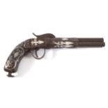 NINETEENTH-CENTURY PERCUSSION PISTOL with triple rotating barrels, with silver and mother oÕpearl