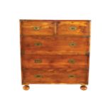 YEWWOOD CAMPAIGN CHEST of two short and three long drawers, furnished with sunken brass handles