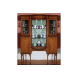 EDWARDIAN PERIOD MAHOGANY AND MARQUETRY DISPLAY CABINET the moulded crown with curved breakfront,