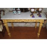 LARGE CARVED GILTWOOD CONSOLE TABLE the rectangular marble top above a scallop shell and leaf scroll