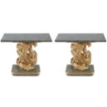 PAIR OF NINETEENTH-CENTURY CARVED GILTWOOD CONOLE TABLES each with a rectangular marble top bove a