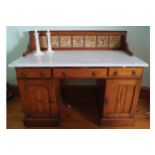 NINETEENTH-CENTURY AESTHETIC REVIVAL PINE MARBLE TOPPED WASH STAND with tiled panelled back (the