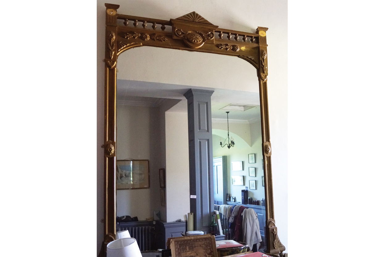 LARGE NINETEENTH-CENTURY CARVED GILT WOOD FRAMED OVER MANTLE MIRROR the rectangular plate with