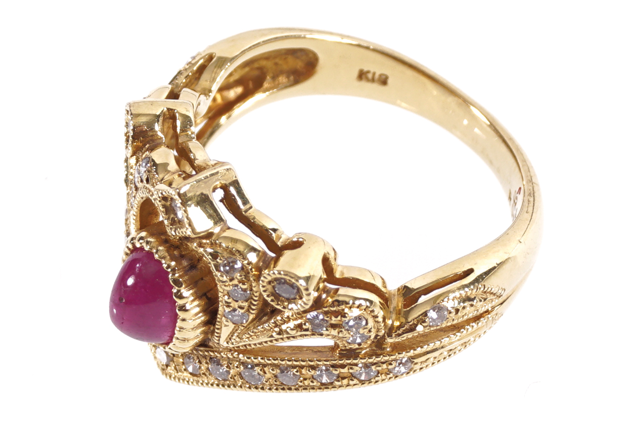 18 CT. YELLOW GOLD MOUNTED RING crown shaped with pave set diamonds and a cabochon ruby - Image 2 of 2