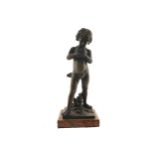 NINETEENTH-CENTURY FRENCH BRONZE SCULPTURE of a young boy, raised on a rouge royale marble base 27