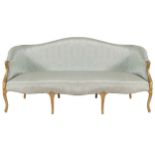 EIGHTEENTH-CENTURY PERIOD GILT-FRAMED DAMASK UPHOLSTERED HUMP BACK SETTEE, CIRCA 1790 raised on