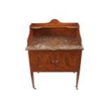 EDWARDIAN PERIOD MAHOGANY AND INLAID MARBLE TOPPED WASH STAND 102 cm. high; 76 cm. wide; 51 cm.