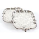 AN IMPORTANT PAIR OF GEORGE II IRISH SILVER SHAPED SQUARE OR QUATREFOIL SALVERS, JOHN HAMILTON,