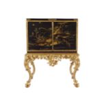 EIGHTEENTH-CENTURY BRASS BOUND LACQUERED CABINET ON STAND the rectangular top above two panelled