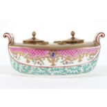 NINETEENTH-CENTURY SAMPSON PORCELAIN AND BRASS INK STAND of bateau form 8 cm. high; 19 cm. wide;