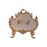 EDWARDIAN BRASS ARMORIAL SHAPED FIRESCREEN raised on scroll ends