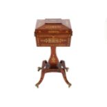 REGENCY PERIOD ROSEWOOD AND BRASS INLAID TEAPOY the rectangular coffered lid, opening to a fitted