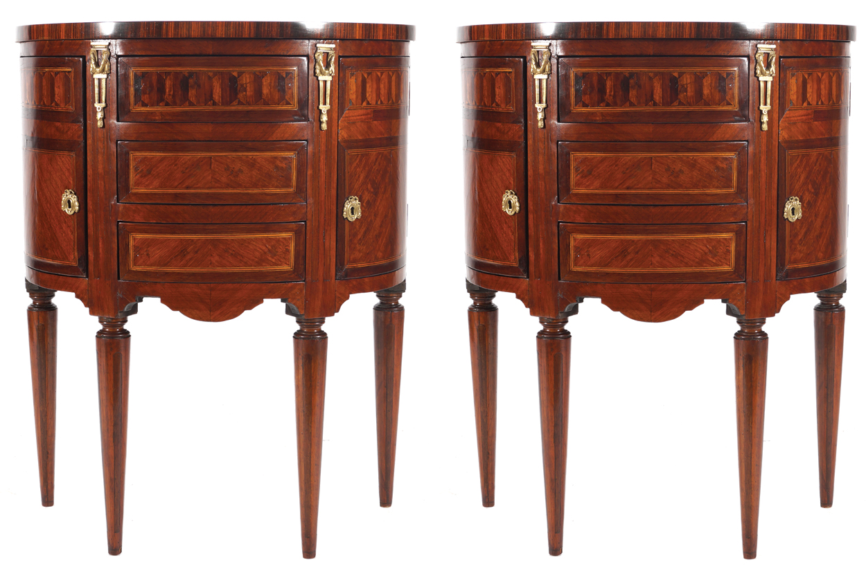 PAIR OF KINGWOOD AND PARQUETRY CABINETS each with an elliptical shaped top, above a series of