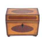 GEORGE III PERIOD MAHOGANY AND SATIN WOOD TEA CADDY, CIRCA 1790 the coffered lid opening to a