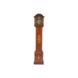 EDWARDIAN MAHOGANY AND MARQUETRY CASED GRAND DAUGHTER CLOCK with engraved silvered dial 135 cm.