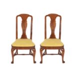 PAIR OF GEORGE I RED WALNUT SIDE CHAIRS each with a double arched serpentine crest rail, above a