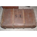 VICTORIAN LEATHER BOUND TRUNK Initialed SL (S. Lefroy) 88 cm. wide