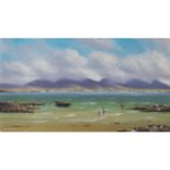 GERARD MARJORAM (B. 1936) On the beam Oil on board Signed 15 x 45 cm.