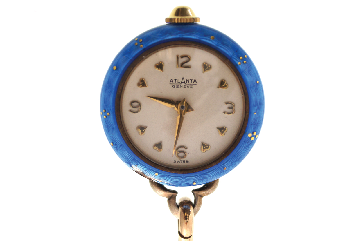 VICTORIAN SILVER GILT AND BLUE GUILLOCHE ENAMEL PENDANT WATCH on gold chain with opal accented slide