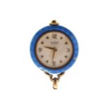 VICTORIAN SILVER GILT AND BLUE GUILLOCHE ENAMEL PENDANT WATCH on gold chain with opal accented slide