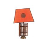 BRASS BOUND HARDWOOD ABACUS STEMMED TABLE LAMP AND SHADE 70 cm. high; 46 cm. wide; 33 cm. deep