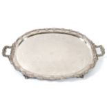 NINETEENTH-CENTURY SHEFFIELD SILVER PLATED SERVING TRAY with ornate vine border and scroll handles