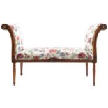 NINETEENTH-CENTURY MAHOGANY WALNUT AND UPHOLSTERED SCROLL END WINDOW SEAT raised on turned and