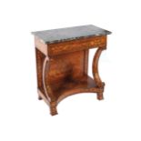 NINETEENTH-CENTURY DUTCH MARQUETRY CONSOLE TABLE the rectangular marble top above a profusely inlaid