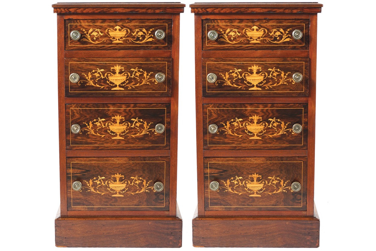 PAIR OF EDWARDIAN ROSEWOOD AND MARQUETRY CHESTS each of four drawers, furnished with brass knobs