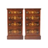 PAIR OF EDWARDIAN ROSEWOOD AND MARQUETRY CHESTS each of four drawers, furnished with brass knobs