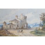 ENGLISH SCHOOL, NINETEENTH-CENTURY A Gothic house by a lake with children Watercolour Signed with