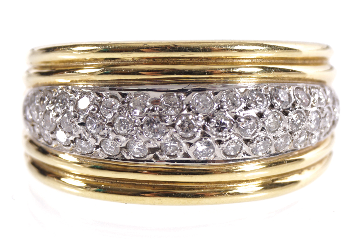 18 CT. MOUNTED HALF HOOP RING set with 43 pave set diamonds weighing 0.50 ct.