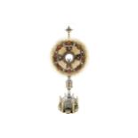 NINETEENTH-CENTURY SILVER AND ORMOLU MONSTRANCE decorated with muliple semi-precious stones 77 cm.