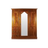 EDWARDIAN PERIOD MAHOGANY AND SATINWOOD INLAID WARDROBE the moulded crown, above a central mirror