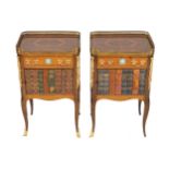 PAIR KINGWOOD AND MARQUETRY PEDESTALS each with a rectangular top below a three-quarter brass