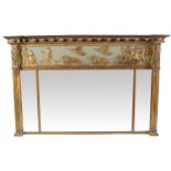 REGENCY PERIOD GILT FRAMED TRIPLE-PLATE, OVER-MANTEL MIRROR with a decorative frieze, depicting