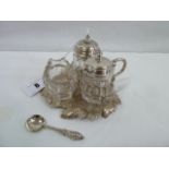 Silver leaf pattern cruet stand with silver top, cut glass pepper and mustard,