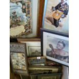 Box of pictures - Framed cigarette cards, Vanity Fair print, Foresters certificate,