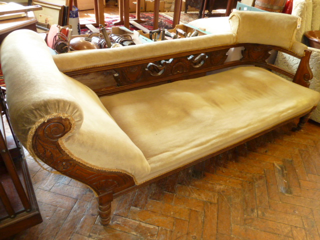 Victorian mahogany dralon seat chaise sofa with bedspread and bolster cushions