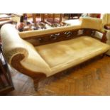 Victorian mahogany dralon seat chaise sofa with bedspread and bolster cushions